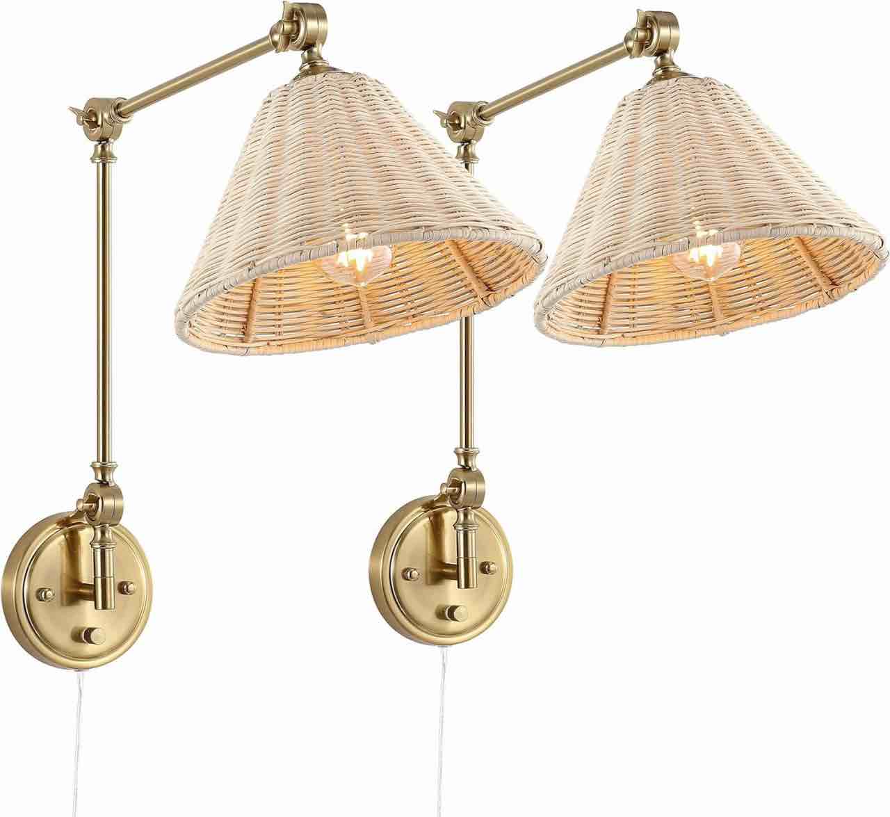 WINGBO Wall Sconce Rattan Wrapped Wall Lamp, Adjustable Swing Arm Wall Light Gold Vintage Bedside Light Fixture Wicker Handmade Shade Brass Reading Light Plug in or Hardwire (2 Pack)