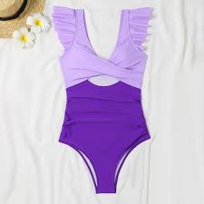 Ovticza Women's Tummy Control One Piece Swimsuit High Waisted V Neck Bathing Suits Cutout Ruffle Ruched 1 Piece Swimwear Purple