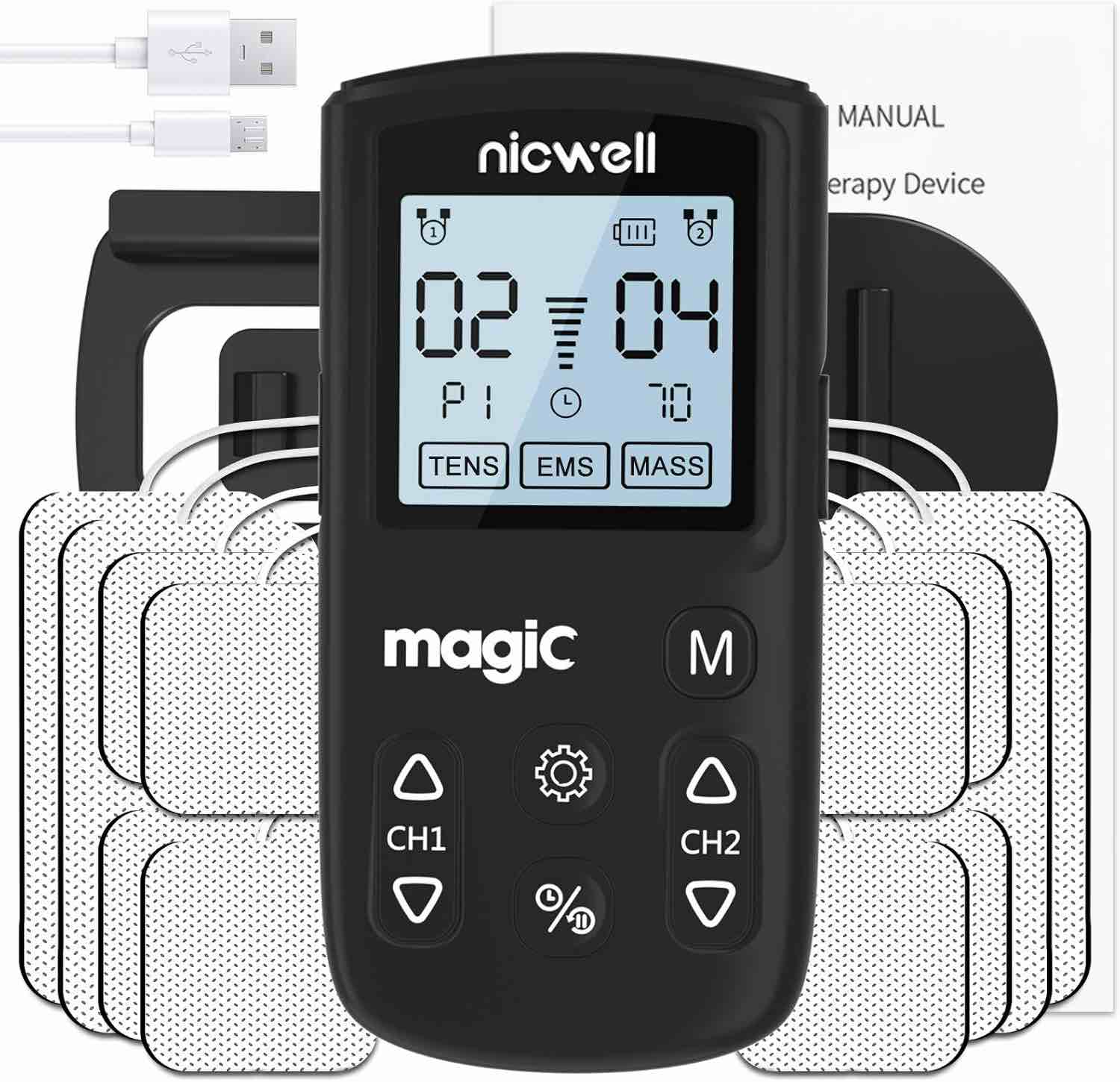 Dual Channel Electronic Pulse Massager, Tens EMS Machine for Pain Relief Therapy with 10 Electrode Tens Unit Replacement Pads