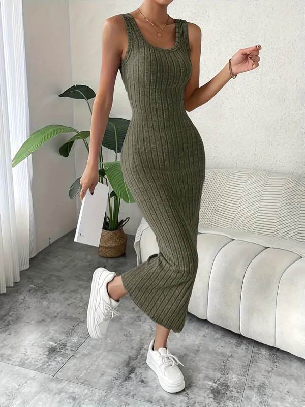 Rib Knit Solid Color Tank Dress, Elegant Slinky Sleeveless Ankle Length Dress For Spring & Summer, Women's Clothing