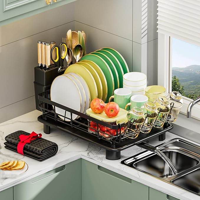 Dish Drying Rack, Black - Large Dish Drainer Rack with Removable Utensil Holder, Drainboard & Swivel Spout - Modern Kitchen Utensil Organizer for Dishes, Spoons, Forks, Glasses - Rustproof Metal