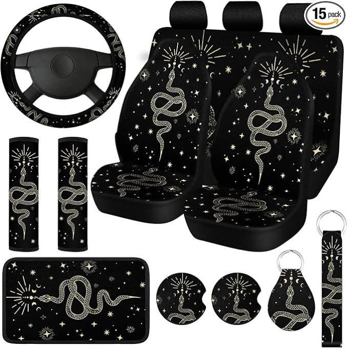 15 Pcs Boho Celestial Snake Seat Covers Full Set Thick Car Front and Back Steering Wheel Cover Seatbelt Strap Cover Armrest Pads Cup Mat Wrist Strap Key Chains for Auto Truck