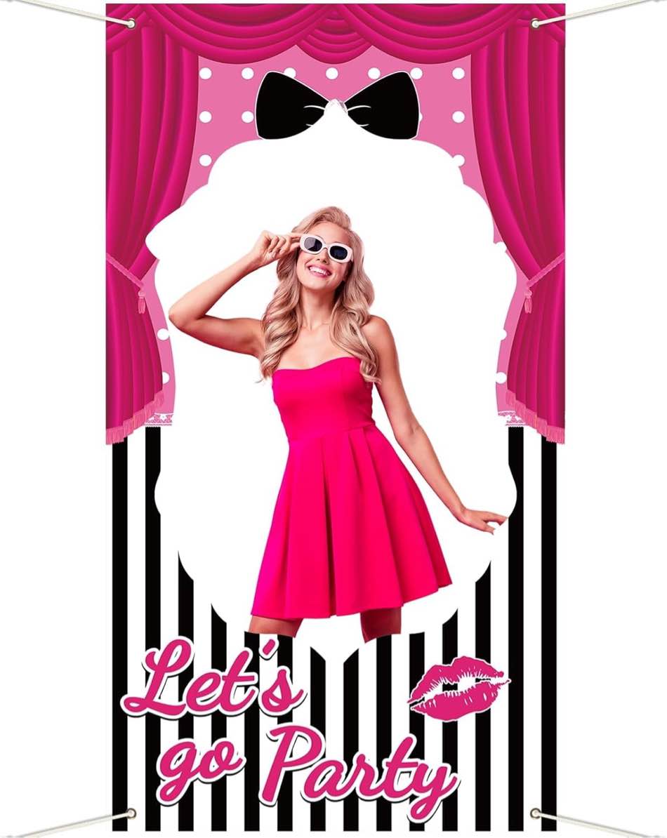 QOUBAI Hot Pink Box Photo Booth Pink Doll Photo Booth Props Banner Pink Girls Party Decor Pink Doll Photo Frame Pink Girls Photo Booth Props Fun Photo Props Backdrop for Birthday Bachelorette