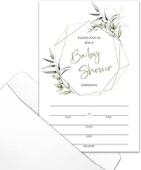 Geometric Greenery Baby Shower Party Invitations with Envelopes Set of 25, Greenery Gold Double-Sided Fill-In Invites for Gender Reveal Baby Announcement, Baby Shower Party Supplies Decorations - A019