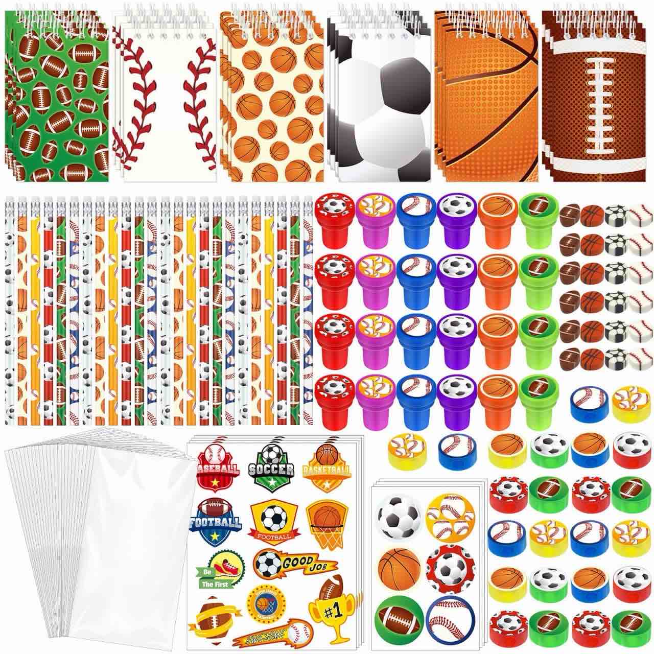Jetec 217 Pcs Sports Party Favors Set Includes Sports Pencils Sports Ball Erasers Sports Stickers Self Adhesive Party Favor Bags Mini Notepad Pencil Sharpeners Signet for Exchange Stationery Gifts