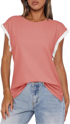 (X-Large) Darong Women's Casual Ruffle Cap Sleeve Crew Neck Tops Summer Cute Color Block Cotton Loose T Shirts Blouses 