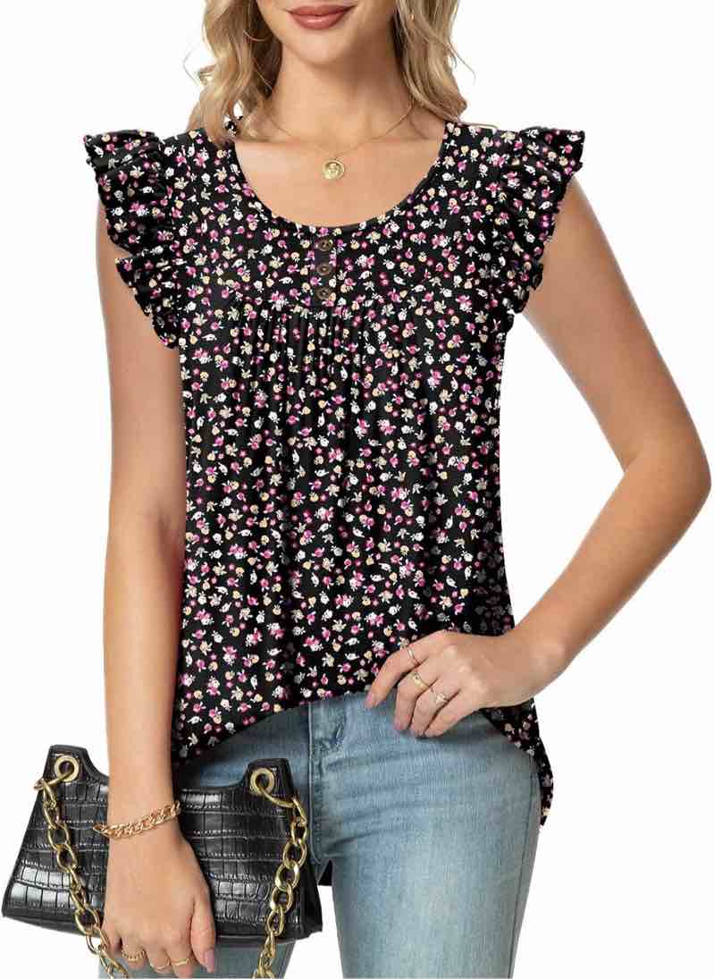 (X-Large) POPYOUNG Women's Ruffle Cap Sleeve Summer Button Sleeveless Tops Loose fit Casual Blouse for Leggings