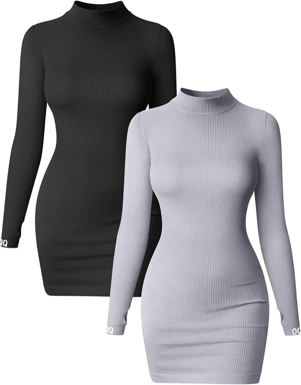 (Small) OQQ Women 2 Piece Dress Sexy Ribbed Mock Neck Long Sleeve Tummy Control Mini Dresses Black Grey