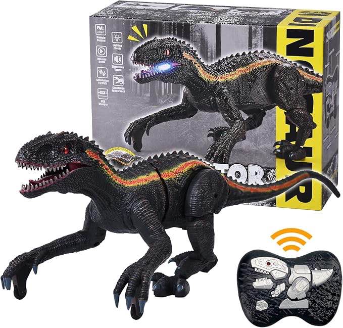 Indovemo RC Dinosaur Toys, Remote Control Dinosaur for Kids 8-12, Robots Dinosaur Toys, Walking Dinosaur Black King Velociraptor, Jurassic Dinosaurs with Light Sounds, Gifts for Children Boys Girls