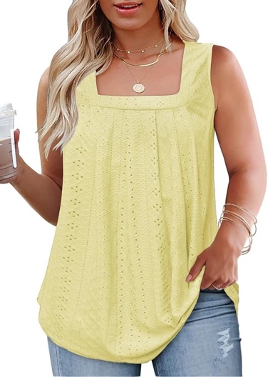 Plus-Size-Tank-Tops Summer Sleeveless Loose Fit Pleated Shirts Square Neck Tunics Eyelet Flowy Tees - Large
