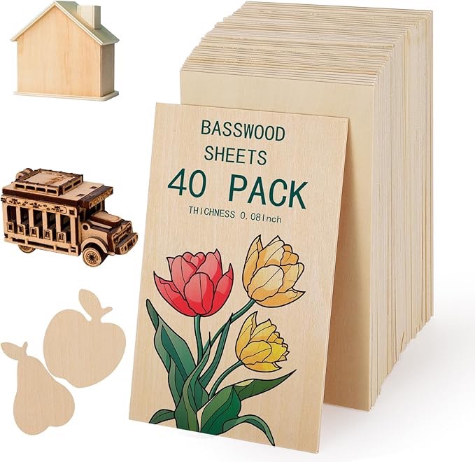 40Pack Basswood Sheets 1/16, Balsa Wood Sheets Thin Plywood Wood Sheets Craft Wood for Projects, Laser Cutting, Painting, Wood Burning,Wood Engraving Easter Ornaments(150x100x2mm)