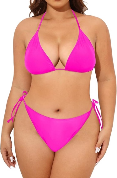 Women Plus Size Triangle Bikini String Two Piece Halter Tie Side Swimsuit