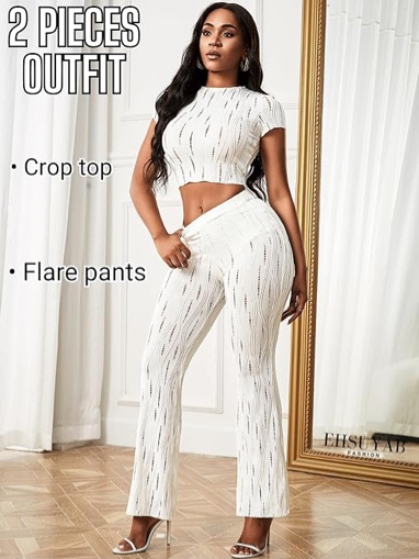(Size L) EHSUYAB Women's Sexy 2 Piece Outfit, Hole Crop Top Flare Pants Set Clubwear