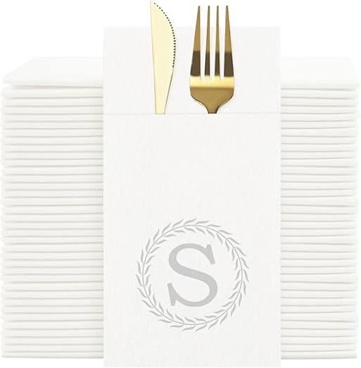 Silver Monogram Disposable Napkins with Pocket - 50PCS Letter S Pocekt Dinner Napkins with Built-in Flatware Pocket, Prefolded Cloth Like Paper Napkins for Dinner, Wedding, Party