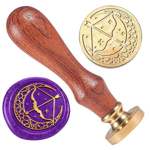 DELORIGIN Moon Bow and Arrow Wax Sealing Stamp, 1" Brass Wax Seal Stamp Head with Wooden Handle Vintage Mountain Wax Stamp for Invitation Cards Gift Wrapping Envelopes Wine Package Decoration