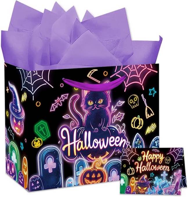 duludulu Purple 13" Large Halloween Bags Cat Pumpkins Halloween Bag with Card and Purple Tissue Paper for Kids Adults Halloween Party Birthday Bag Supplies