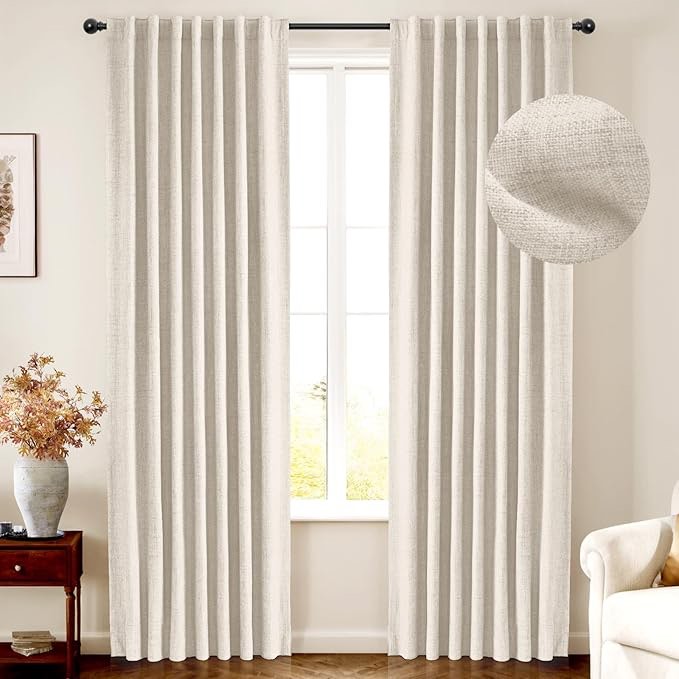 Blackout Cream Curtains for Bedroom, Thermal Insulated Linen Blackout Curtains
