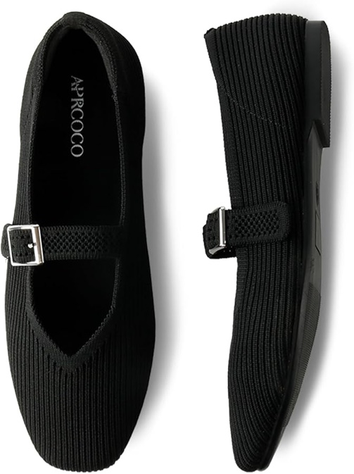 AprCoco Flats for Women Shoes Mary Jane Square Toe Ballet Flats Washable. Shoes Comfortable Office Knit Flats for Women Casual Slip on Flats, Size 09, Black