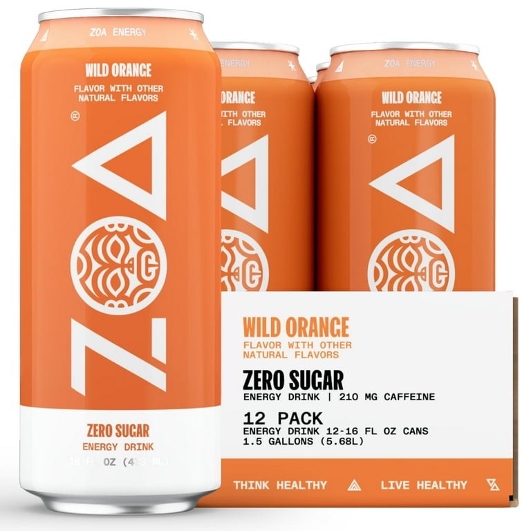 ZOA Zero Sugar Energy Drink, Wild Orange, 16oz (12-Pack)