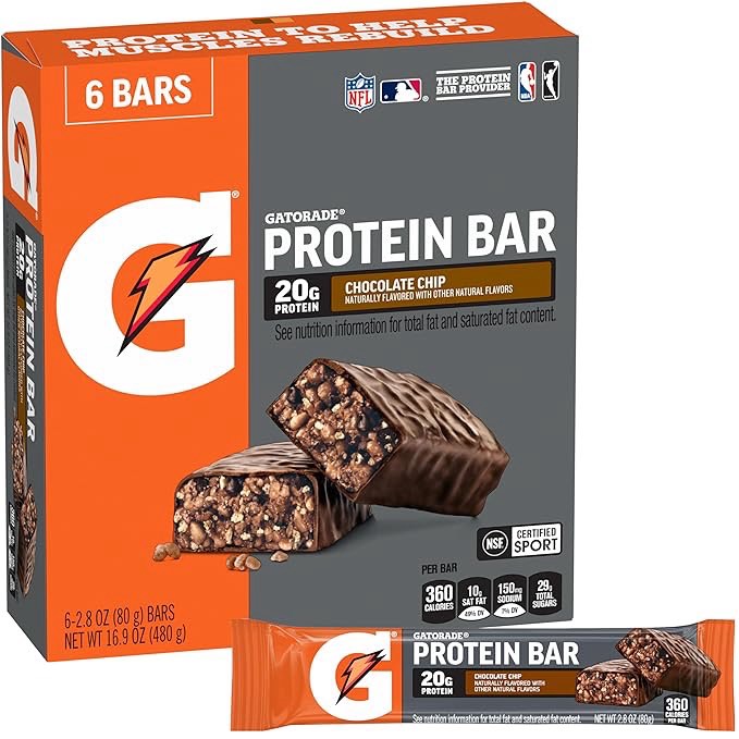 Gatorade Whey Protein Recover Bars Chocolate Chip, 2.8 Oz, 6 Count and Chocolate Caramel, 2.8 Oz, 6 Count