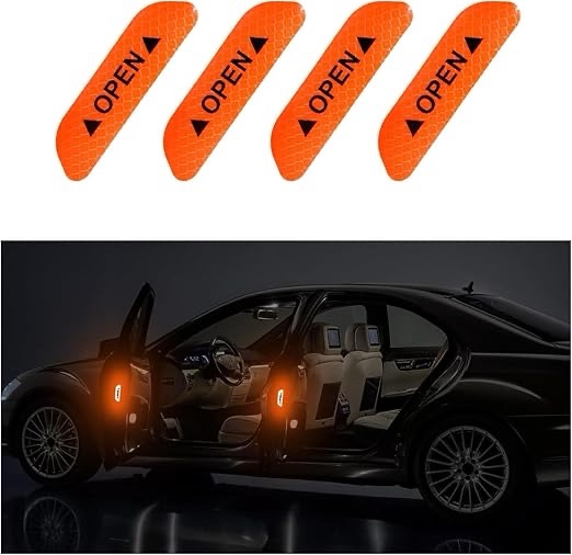 Kewucn 4 PCS Reflective Open Warning Stickers for Car Door, Night Visibility Safety Prompt Decals Auto Anti-Collision Protective Strip, Auto Decoration Accessories for Truck, SUV, Van (Orange)