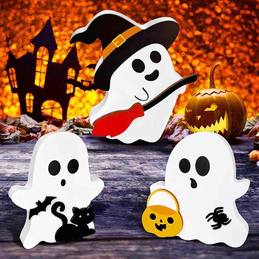 Halloween Decorations Indoor, 3 Wooden Tiered Tray Decor with Ghost, Cat, Bat, Witch Signs, Pumpkin Blocks (Ghost Decor)
