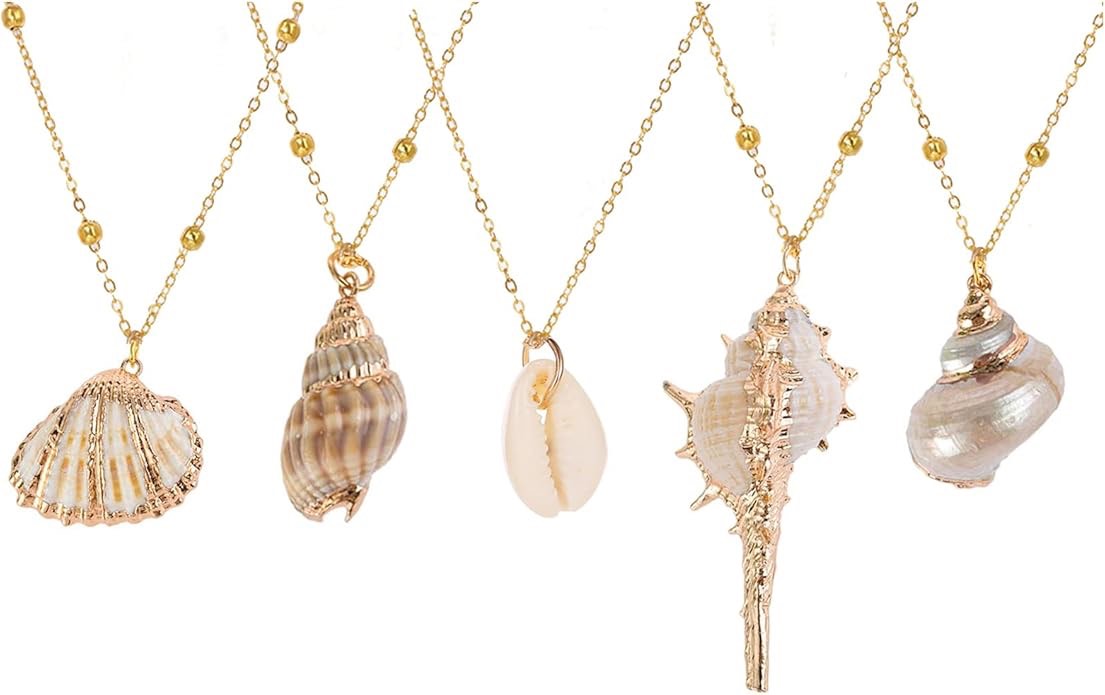HACEOLHADA 5 Pieces Natural Seashell Scallop Conch Pendant Necklace Inlaid with Gold Rimmed Seashell Necklace, Sea Shell Necklace, Scallop Necklace, Conch Necklace — Adjustable Seashell Jewelry Gifts for Women