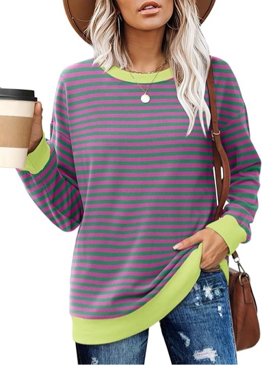 (Small) Besshopie Women Striped Color Block Long Sleeve Crew Neck Sweatshirt Casual Loose Pullover Y2K Shirt Striped Pink S