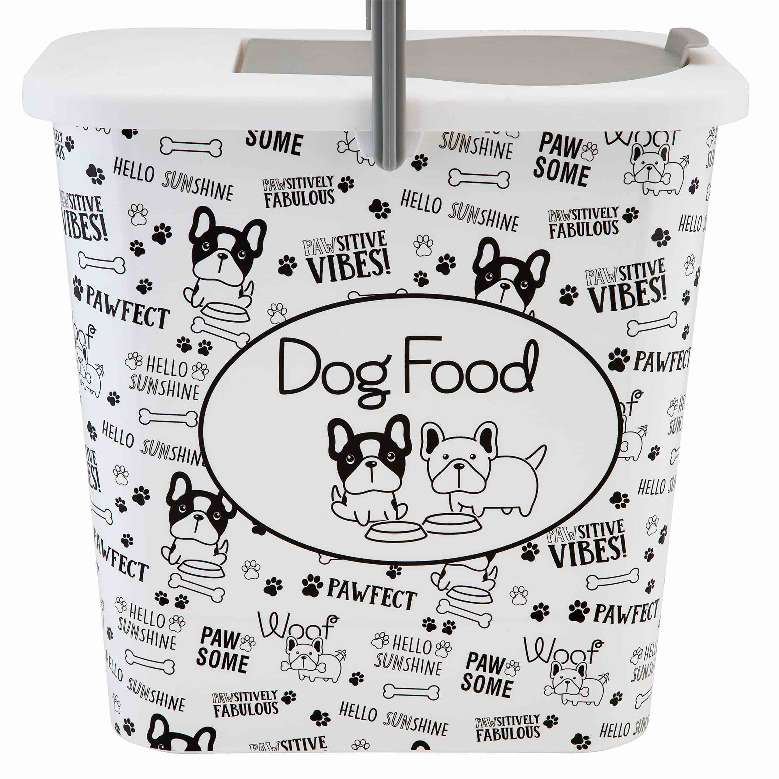 Pounce + Fetch 3 Gallon Pet Dry Food Container with Scooper | Dog Food Organizer | Helps Organize Pantry and Cabinets | Dog & Puppy Print Design | Carrying Handle | Flip Top Lid,White