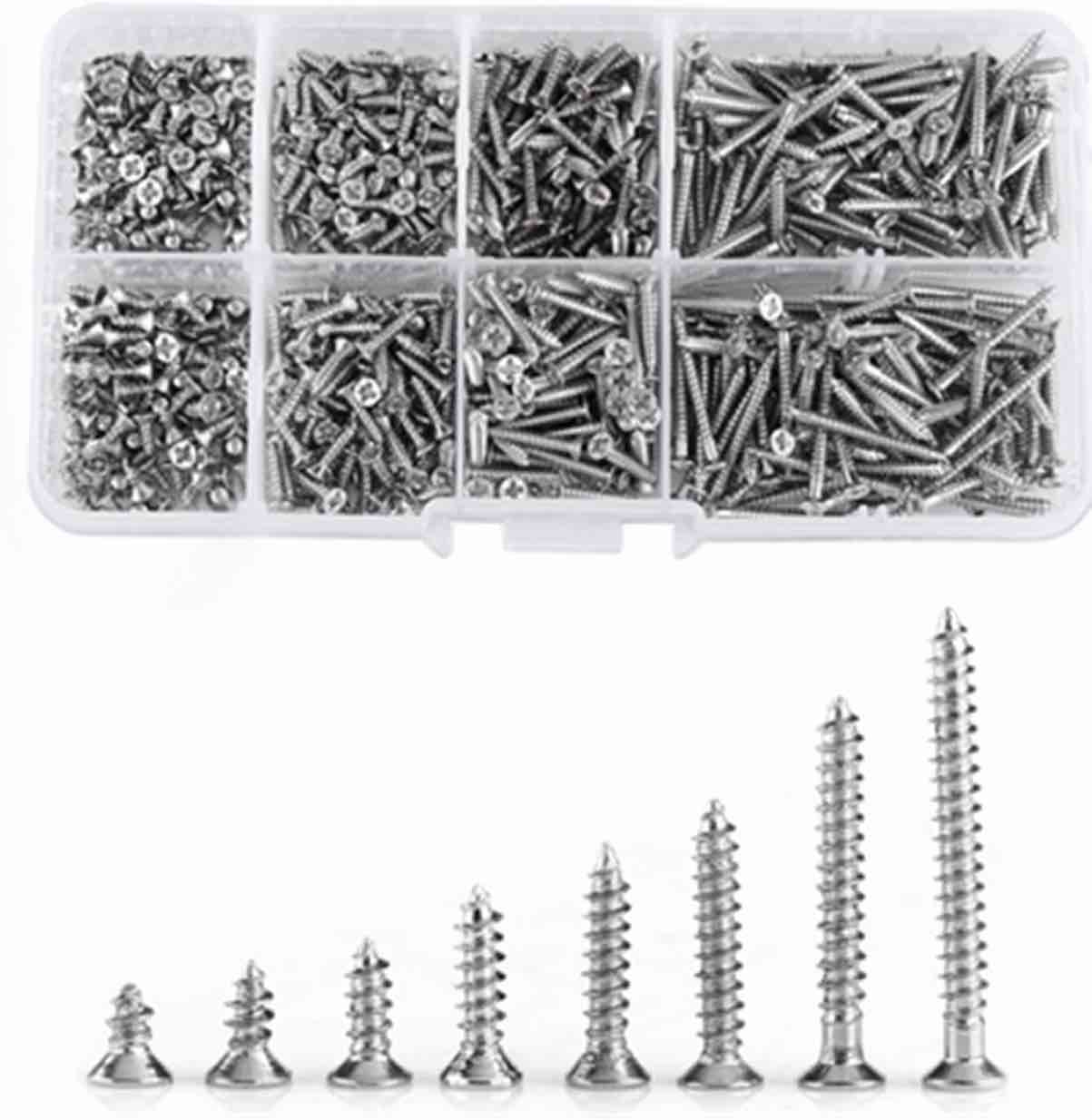 800Pcs M2 Cross Flat Head Screws, 4mm-20mm Length (8 Sizes) Plated Carbon Steel Flat Head Screws Self Tapping Screws Wood Screws Assortment Kit with Storage Box