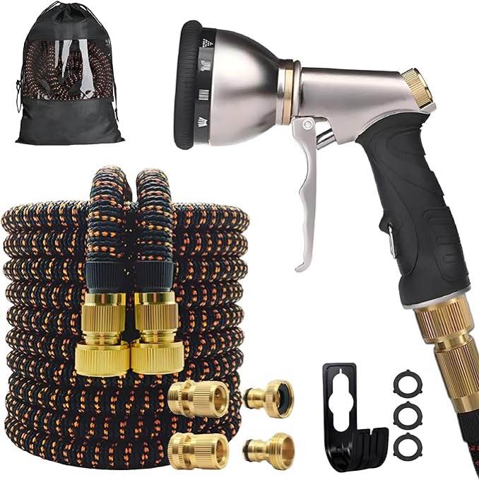 ACE INITIATIVES Expandable Water Hose — Premium 3x Expanding Garden Hose - Lightweight & No-Kink, ½ and ¾ inch Solid Brass Fittings, 4-Layer Latex Core, Metal Nozzle with 9 Spray Functions (Up to 100 Feet, Color May Vary)