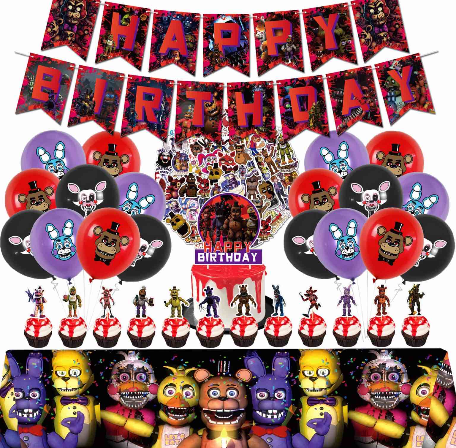 Games Birthday Party Supplies 95Pcs Five Nights Party Decorations Including Stickers Cake Topper Banner Cupcake Toppers Balloons Tablecloth