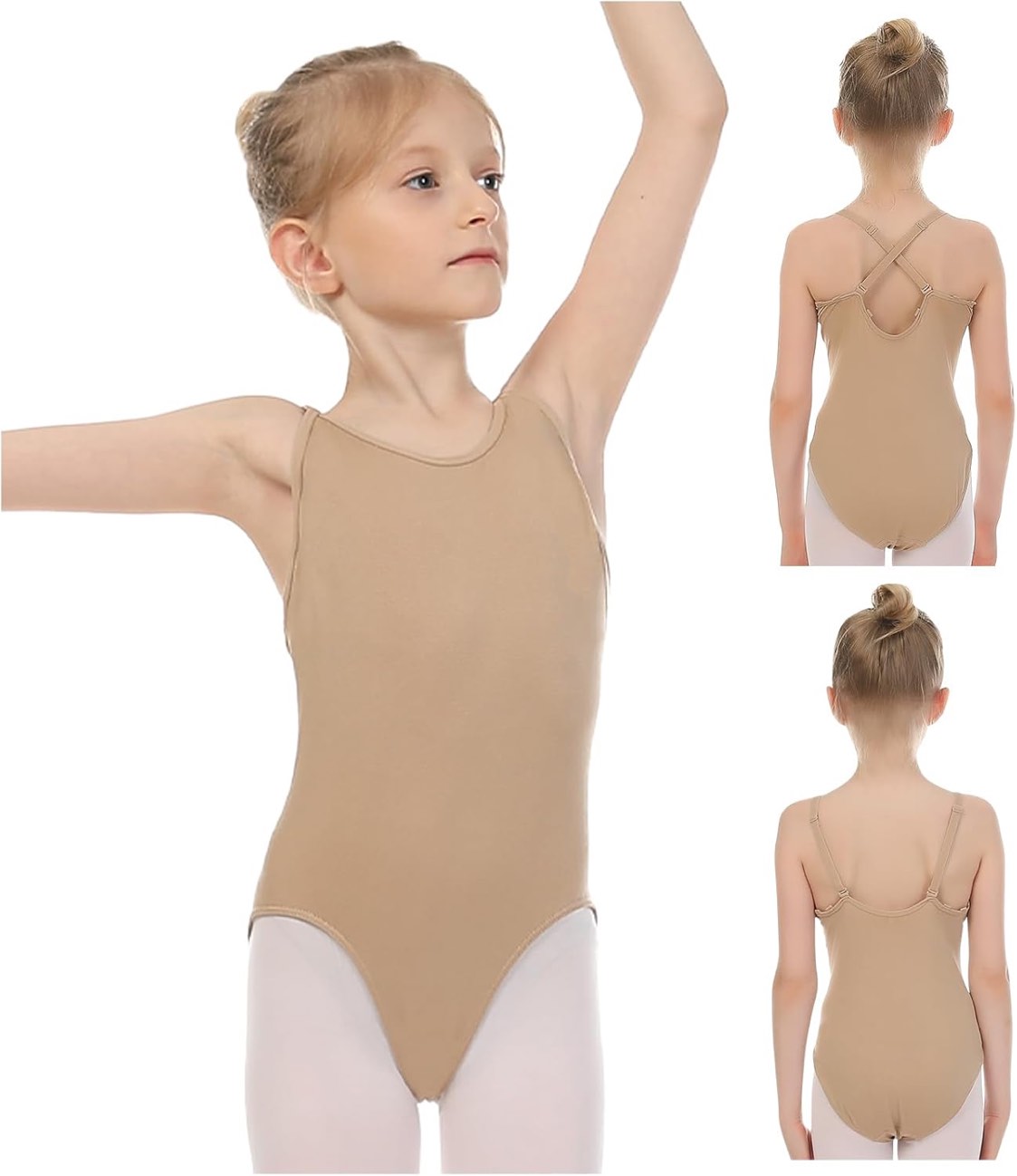 (Size L) NIMONI Women and Girls Nude Dance Camisole Leotard with Adjustable Transparent Straps Beige Seamless Undergarment for Ballet