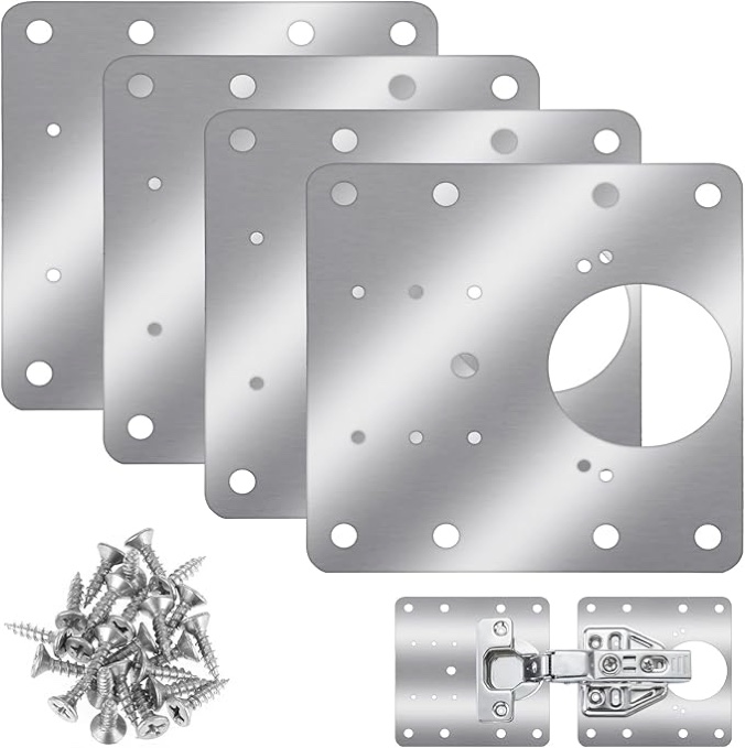DSLSQD 4 Pcs Hinge Repair Kit Plate for Cabinet, Stainless Steel Cabinet Hinge Repair Plate Hinge Fixing Plate Bracket Kit with Mounting Screws Hinge Repair Board for Kitchen Cupboard Door