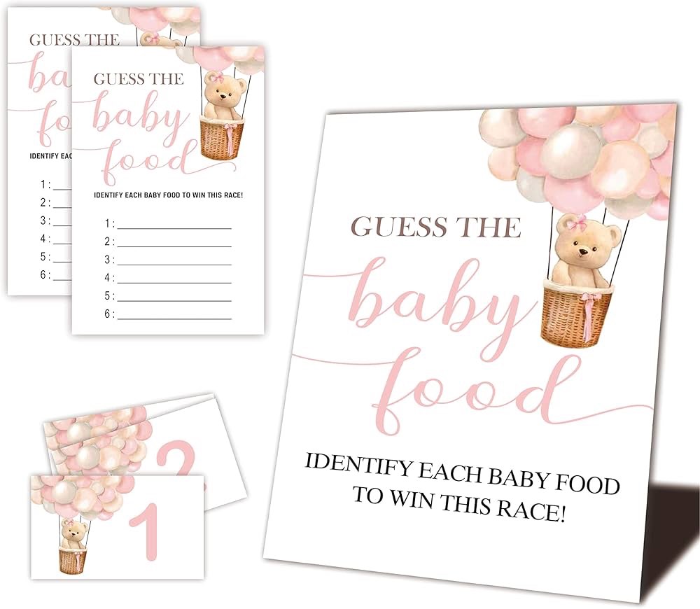Baby Shower Game Set - Guess The Baby Food - Bear Hot Air Balloon Theme - 1 Large Self - Standing Sign, 6 Number Cards & 25 Answer Cards - Decorations For Gender Reveal Party Favor Supplies-SWLK-B10