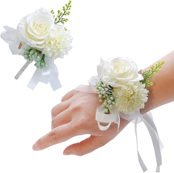 Zunhyuu Rose Flower Wrist Corsage Boutonniere Set Artificial Rose Handmade Bride Flower Men Boutonniere for Prom Party Wedding Flowers Accessories Decorations (Ivory)