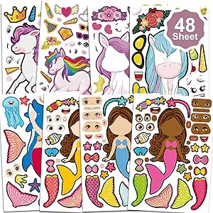 50 Konsait Stickers You Can Make Your Own Face Pace Mermaid Unicorn Theme Tea Princess Stay Birthday Halloween Christmas Party Memorial Stickers Kids Girls Goody Bag Filler Compliments