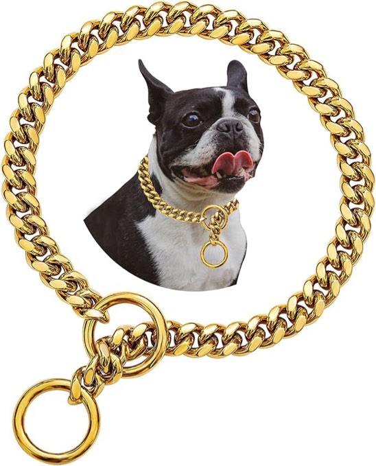 Gold Dog Collars, 10mm Thick Cuban Link Dog Collar for Small Medium Dogs, 18K Chew Proof Gold Chain Dog Collar 316L Stainless Steel Chain Dog Collars
