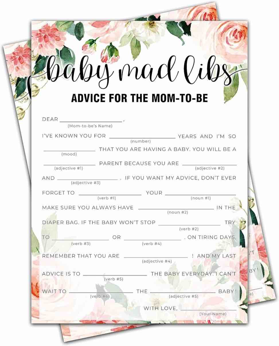 DZIMY Baby Shower Games, Watercolor Floral Theme Gender Neutral Cards - 25 Baby Mad Libs Games - Gender Reveal & Baby Announcement Party Supplies-B07