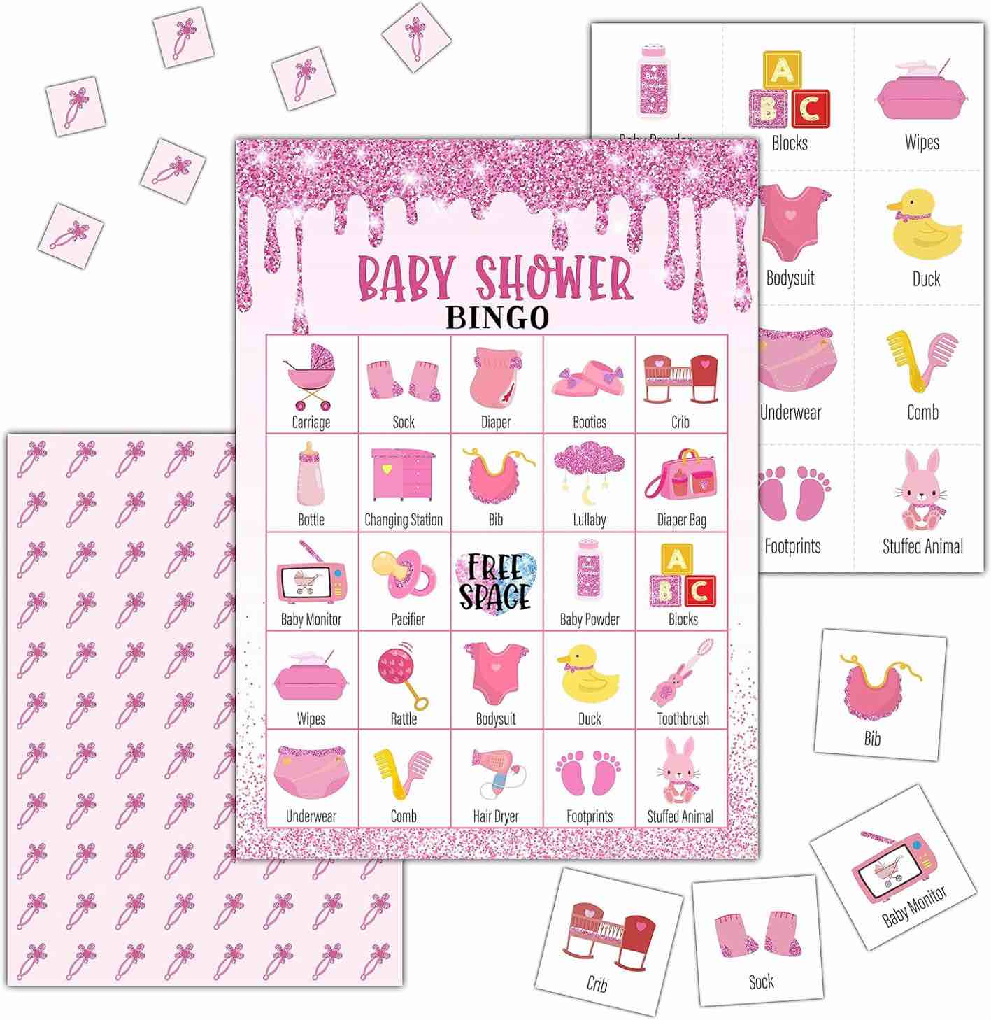 cyazila Pink Baby Shower Bingo Cards, Glitter Drips Baby Shower Games, Baby Shower Bingo Games, 24 Player Bingo Game Sets for Adults, Baby Shower, Gender Reveal Party, Outdoor Indoor Games, B002