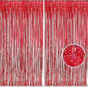 2pc Red Metallic Tinsel foil Fringe Backdrop Curtain red Fringe Backdrop foil Fringe Curtains Tinsel Backdrop for Girls Birthday Decoration red Streamers Backdrop for Christmas Party Decoration
