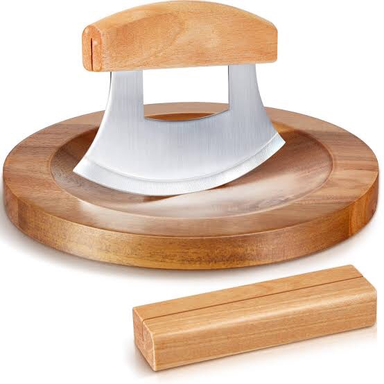 Leriton Pizza Cutter Chef Mezzaluna Ulu Knife Rocker Knife with Wood Grip and Stainless Steel Blade Mezzaluna Chopper Slicer with Holder Base Mincing Cleaver for Salad Onion Vegetable Kitchen (1 Pc)