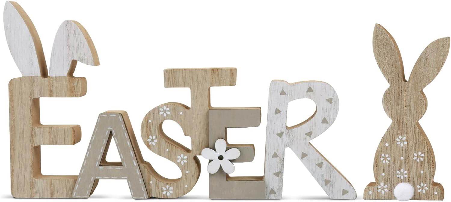 Easter Table Decor Wooden Signs Bunny Tiered Tray Decor Rustic Easter Word Sign Farmhouse Bunnies Rabbit Dining Table Decorations for Home Party Mantle Shelf Spring Holiday