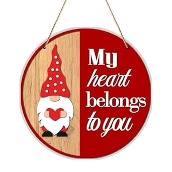 Valentine's Day Wall Decor My Heart Belongs To You Wooden Hanging Sign Red Love Gnome Valentines Day Decor for Front Door Outdoor Garden Wooden Decorations-B40