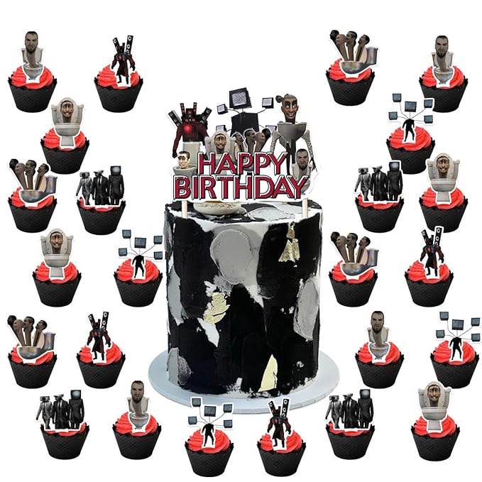 25Pcs ?????????????? ???????????? Birthday Party Decorations, Ski-bidi Happy Birthday Party Supplies Includes Cake Topper, Cupcake Toppers for Kids Boys Girls Party Decor