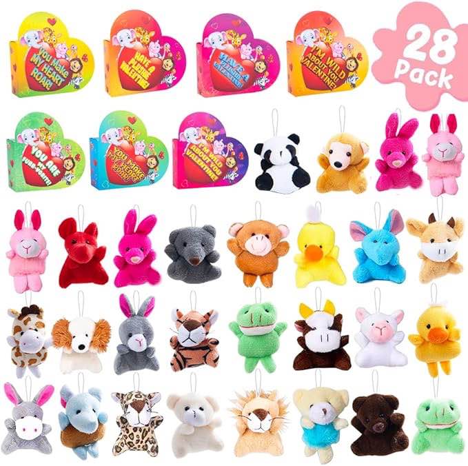 AUUOKDG 28 Packs Valentines Day Mini Animal Plush Toy Filled with Heart Boxes for Kids, Party Favors Classroom Gift Exchange, Game Prizes School Rewards