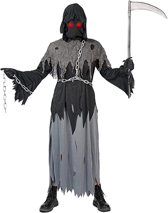 Grim Reaper Costume for Kids, Scary Halloween Costumes with Glowing Red Eyes for Kids and Adult, Scythe Included