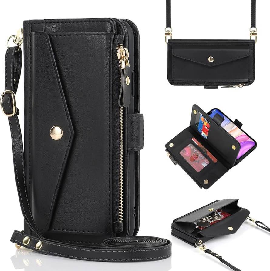 Hamany for iPhone 13 Pro Case with Card Holder iPhone 13 Pro Wallet Case for Women Leather Flip Folio Cover with Credit Holder-Black