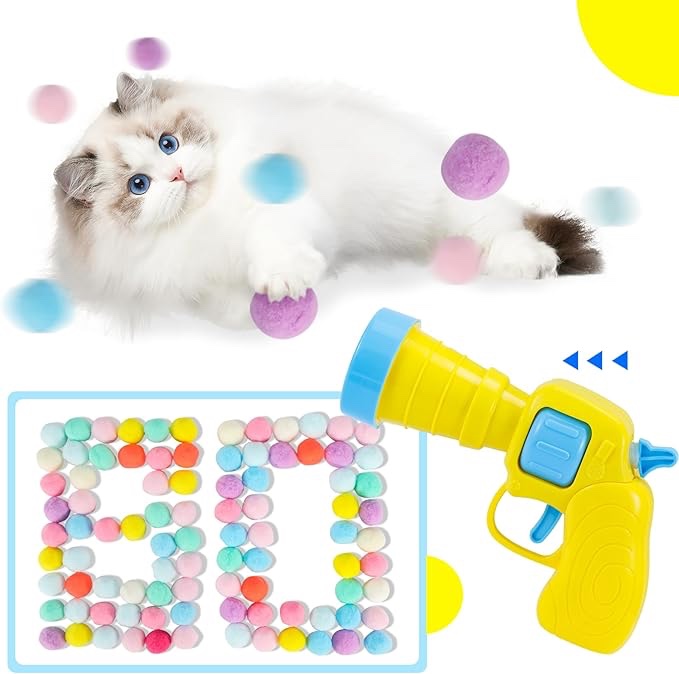 Amtong Cat Toy Kitten Toy, Interactive Cat Toys Balls for Indoor Cats, Cat Ball Launcher Shooter and 80Pcs Pom Pom Balls, Christmas Cat Toy Set for Training Playing