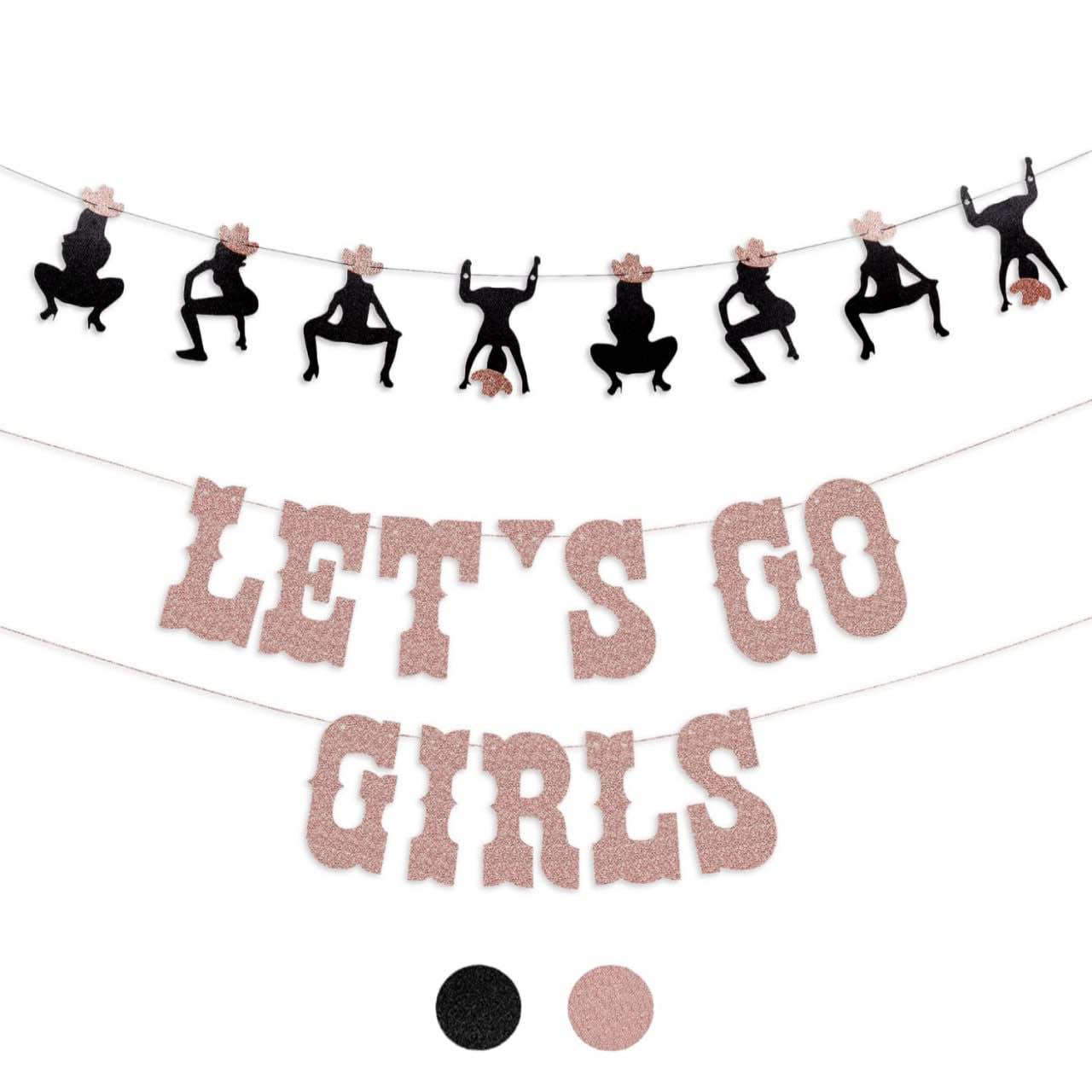 Rose Gold Glitter Lets Go Girls Banner - Cowgirl Party Decorations for Bachelorette Birthday Party - Western Hoedown Nashville Space Disco Cowgirl & Last Rodeo Bachelorette Party Decorations